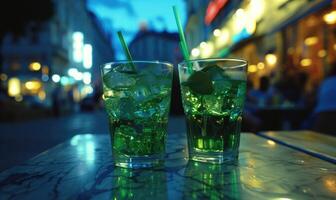 AI generated Refreshing green lemonade with ice in a glass on a wooden table photo