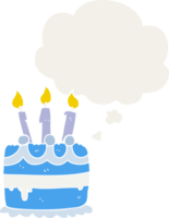 cartoon birthday cake with thought bubble in retro style png