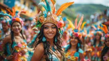 ai generado mujer en vistoso tocado sonrisas foto