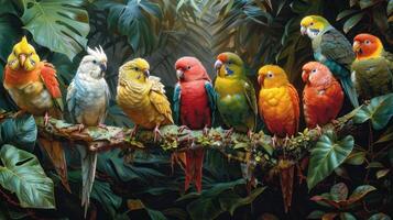 AI generated Three Colorful Birds Perched on a Tree Branch photo