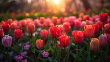 AI generated Field of Red and Pink Tulips With Sun photo