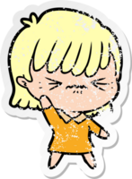 distressed sticker of a annoyed cartoon girl png