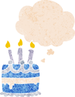 dessin animé anniversaire gâteau avec pensée bulle dans grunge affligé rétro texturé style png