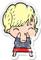 distressed sticker of a cartoon woman thinking png