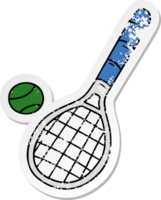 hand dragen bedrövad klistermärke tecknad serie klotter tennis racket och boll png