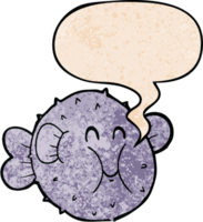 cartoon puffer fish with speech bubble in retro texture style png