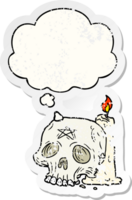 cartoon spooky skull and candle with thought bubble as a distressed worn sticker png