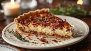 ai generado Quiche en plato con vela en antecedentes foto