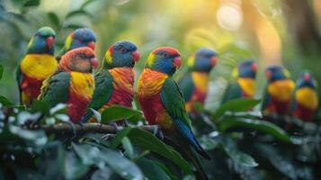 AI generated Three Colorful Birds Perched on a Tree Branch photo