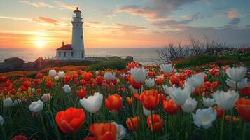 ai generado campo de flores con faro en antecedentes foto