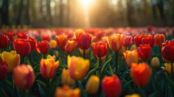 AI generated Field of Red and Pink Tulips With Sun photo