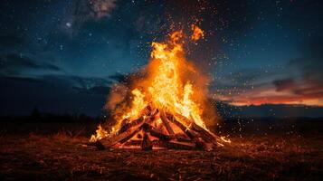 AI generated Campfire Burning Bright in Open Field at Night photo