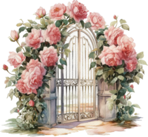 Garden wedding arch of tender flowers, branches and leaves. Hand painted watercolor illustration. png