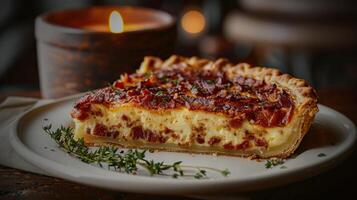 ai generado Quiche en plato con vela en antecedentes foto