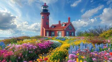 AI generated Field of Flowers With Lighthouse in Background photo