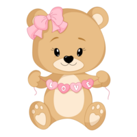 Pretty teddy bear with a pink garland of hearts isolated on a transparent background. Happy Valentine's Day. PNG