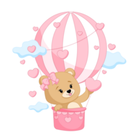 Adorable teddy bear on a hot air balloon with pink Hearts. Happy Valentine's Day. PNG