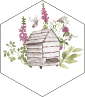 Drawing of a beehive with watercolor flowers png