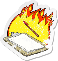 retro distressed sticker of a cartoon clip board on fire png