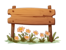 AI generated Wooden sign with flowers, no message, cartoon style, isolated on a transparent background. png