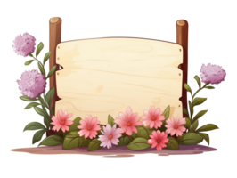 AI generated Wooden sign with flowers, no message, cartoon style, isolated on a transparent background. png