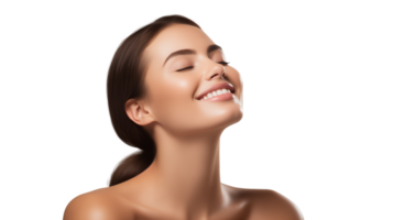 AI generated Portrait of young beautiful woman with perfect smooth skin, Perfect face, taking care after skin condition. Isolated on a transparent background. png