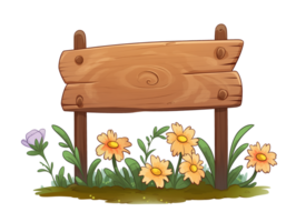 AI generated Wooden sign with flowers, no message, cartoon style, isolated on a transparent background. png