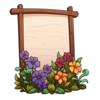 AI generated Wooden sign with flowers, no message, cartoon style, isolated on a transparent background. png