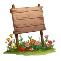 AI generated Wooden sign with flowers, no message, cartoon style, isolated on a transparent background. png