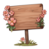 AI generated Wooden sign with flowers, no message, cartoon style, isolated on a transparent background. png