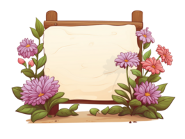 AI generated Wooden sign with flowers, no message, cartoon style, isolated on a transparent background. png