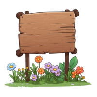 AI generated Wooden sign with flowers, no message, cartoon style, isolated on a transparent background. png