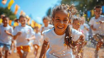 ai generado joven niña sonriente y levantamiento manos foto