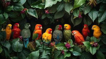 AI generated Three Colorful Birds Perched on a Tree Branch photo