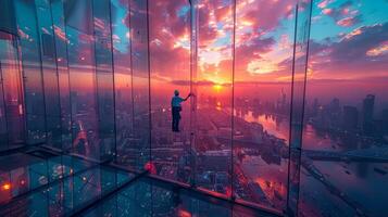 ai generado hombre en pie en parte superior de alto edificio foto