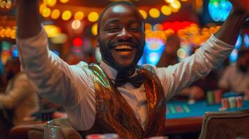 ai generado hombre celebrando con elevado brazos a casino foto