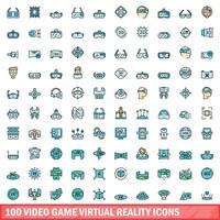 100 video game virtual reality icons set, color line style vector