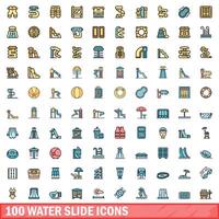 100 water slide icons set, color line style vector