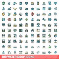 100 water drop icons set, color line style vector