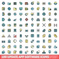 100 update app software icons set, color line style vector