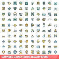 100 video game virtual reality icons set, color line style vector