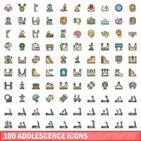 100 adolescence icons set, color line style vector