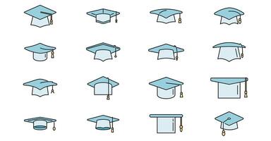 Academy graduation hat icons set vector color line