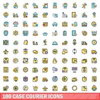 100 case courier icons set, color line style vector