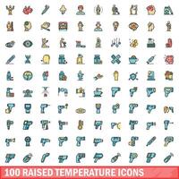 100 raised temperature icons set, color line style vector