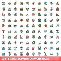 100 fireman department work icons set, color line style vector