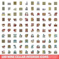 100 wine cellar interior icons set, color line style vector