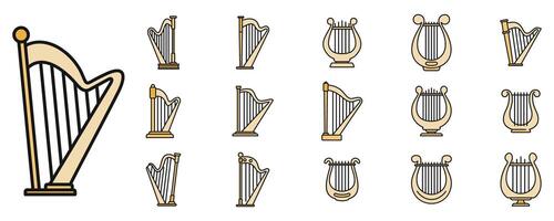 Harp instrument icons set vector color line