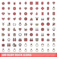 100 ruby rock icons set, color line style vector