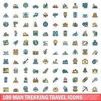 100 man trekking travel icons set, color line style vector